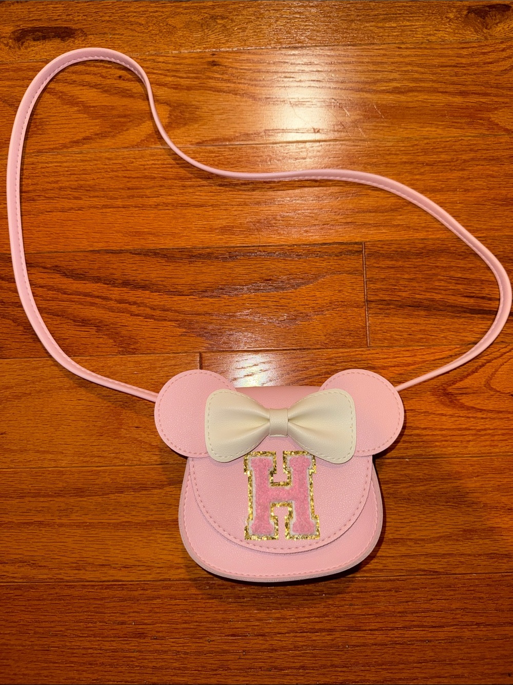 Pink Kids Mouse-Ear Crossbody Bag with Cream Bow and Glitter 'H' Accent